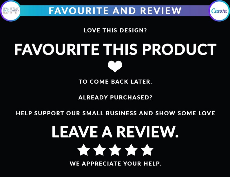 Pode incluir: Fundo preto com texto branco. O texto diz "FAVOURITE THIS PRODUCT" e "LEAVE A REVIEW." Inclui um cora&ccedil;&atilde;o branco e cinco estrelas brancas. O banner superior diz "FAVOURITE AND REVIEW."