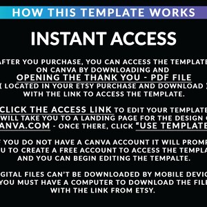 May include: A black graphic with white text that reads "HOW THIS TEMPLATE WORKS" and "INSTANT ACCESS". The text explains how to access and edit a template on Canva after purchase. The Canva logo is in the upper right corner.
