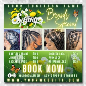 Spring Braids Sale Flyer, Spring Braids Sonderflieger, Frühlings-Buchungsflyer, Frühlings-Saison-Flyer, Braid-Preise-Flyer, Frühlings-Haar-Flyer