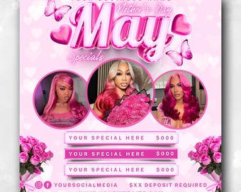 Folleto de reservas de mayo, Folleto de reservas del Día de la Madre, Oferta del Día de la Madre, Oferta especial de reservas de primavera, Peluquería, Pestañas, Uñas, Maquillaje, Trenzas, Pelucas, Extensiones de cabello MUA