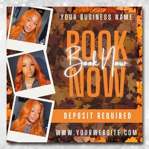 DIY Book Now Fall Flyer Autumn Appointments Available Book Now Hair Stylist Lash Nail Makeup Social Media Instagram Editable Canva Template