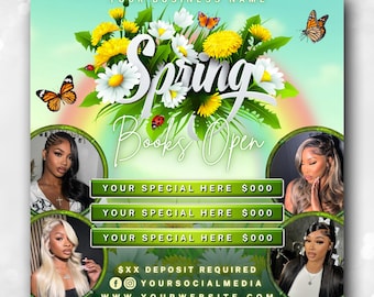 Ulotka wiosenna, Ulotka rezerwacji wiosennych, Ulotka wiosennej przerwy, Specjalna wyprzedaż wiosenna, Otwarte książki wiosenne, Włosy, paznokcie, rzęsy, warkocze, peruki, makijaż, pakiet MUA