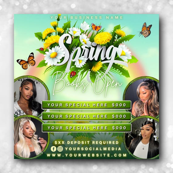 Spring Flyer, Spring Booking Flyer, Spring Break Flyer, Spring Sale Special, Spring Books open, Hair Nail Lash Braids Wigs Makeup Bundle MUA
