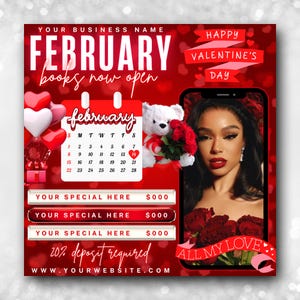 May include: A Valentine's Day themed graphic with a red background. The text reads "February books now open" and "Happy Valentine's Day." A calendar shows February with the 14th highlighted. A woman's photo is on a phone screen.