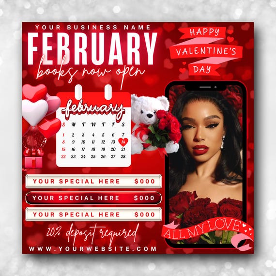 February Booking Flyer, Valentines Day Booking Flyer, February Calendar, Valentine Flyer Books Open Hair Lash Nails Braids Wig Makeup Bundle