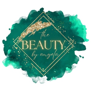 May include: A green watercolor background with gold glitter and a gold square frame. The text inside the frame reads "the BEAUTY by angela".