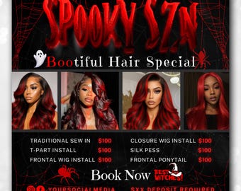 Speciale haarflyer oktober, haarverkoopflyer oktober, haarstylistflyer, haarflyer Spooky Season, haarflyer pruikeninstallatie, Halloween-haarflyers