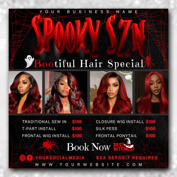 October Hair Special Flyer, October Hair Sale Flyer, Hairstylist Flyer, Spooky Season Hair Flyer, Wig Install Flyer, Halloween Hair Flyers