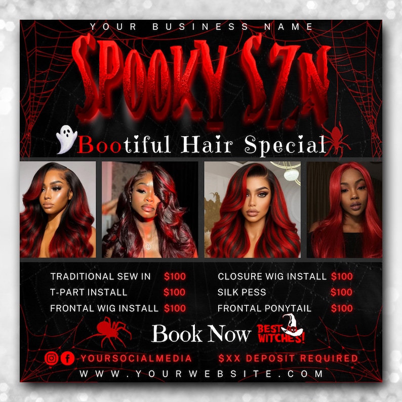Pode incluir: Um gr&aacute;fico promocional com o texto "SPOOKY SZN" em vermelho, anunciando um "Bootiful Hair Special". Apresenta imagens de mulheres com cabelo vermelho e preto e lista servi&ccedil;os de cabeleireiro, como costuras e instala&ccedil;&otilde;es de perucas.