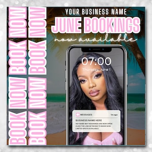 June Bookings Now Available Flyer DIY Spring Book Now Appointments Beauty Hair Lashes Wigs Make Up Nails Social Media Canva Flyer Template