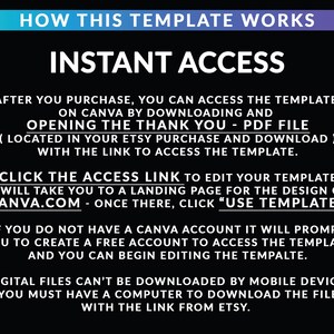 Pode incluir: Gr&aacute;fico preto com texto branco que explica como aceder a um modelo no Canva. O texto inclui instru&ccedil;&otilde;es sobre como descarregar e editar o modelo. O log&oacute;tipo Canva &eacute; vis&iacute;vel.