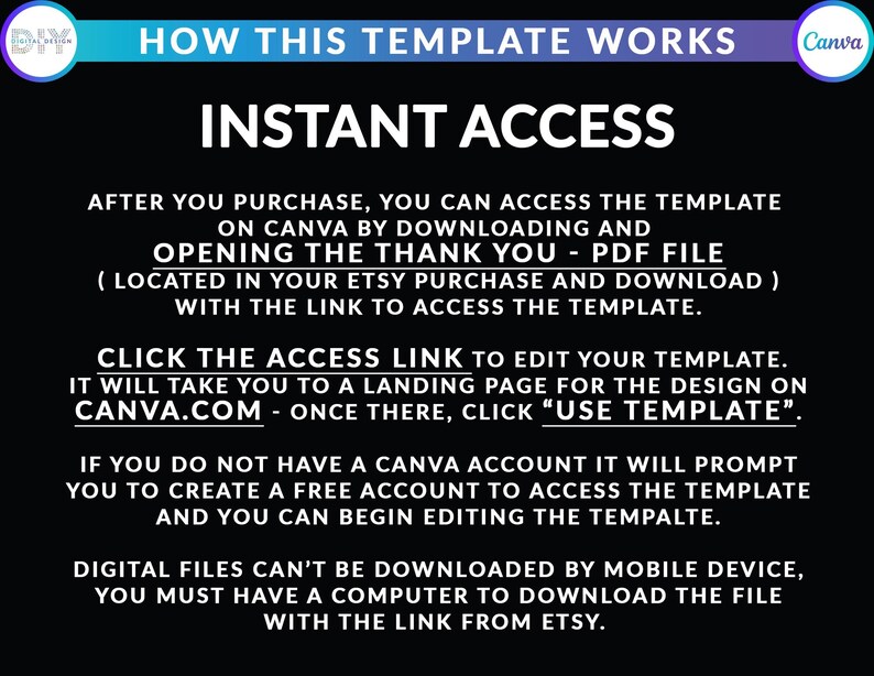Pode incluir: Gr&aacute;fico preto com texto branco que explica como aceder a um modelo no Canva. O texto inclui instru&ccedil;&otilde;es sobre como descarregar e editar o modelo. O log&oacute;tipo Canva &eacute; vis&iacute;vel.