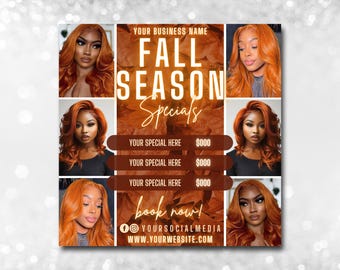 May include: Promotional graphic for fall season specials. Features six images of women with orange hair. Text includes "Fall Season Specials", "Your Special Here", and "Book Now!" with social media and website information.