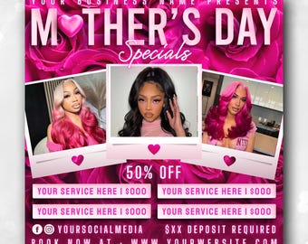 Folleto de reservas para el Día de la Madre, Ofertas especiales para el Día de la Madre, Promociones para el Día de la Madre, Folleto de reservas de mayo, Cabello, Pestañas, Uñas, Maquillaje, Trenzas, Pelucas, Extensiones
