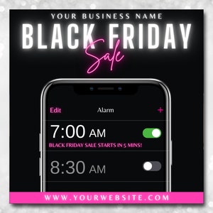 May include: Black Friday sale advertisement with a smartphone displaying an alarm set for 7:00 AM. The text "BLACK FRIDAY Sale" is in white and pink neon. The website address is at the bottom.