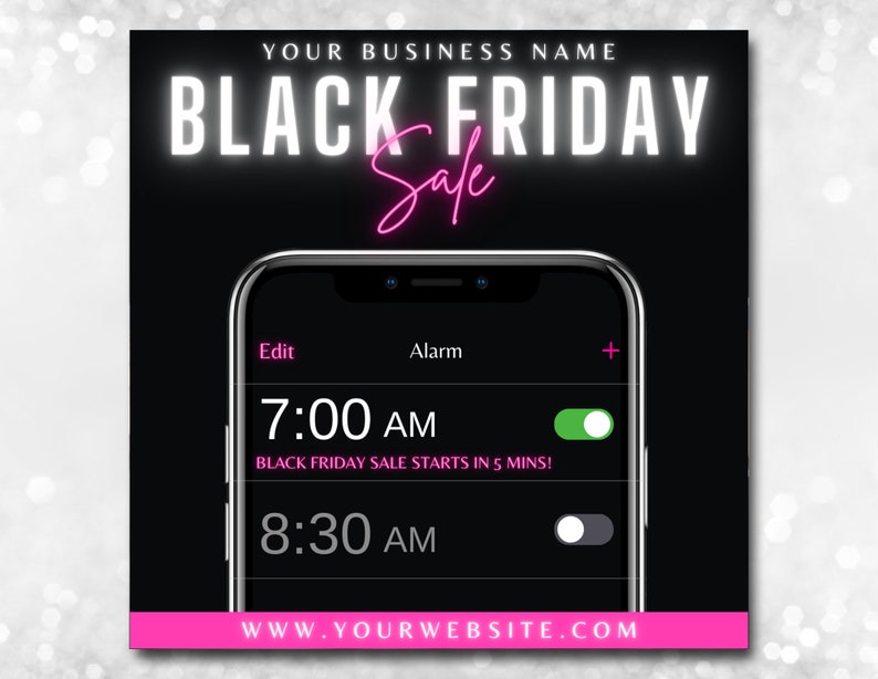 May include: Black Friday sale advertisement with a smartphone displaying an alarm set for 7:00 AM. The text "BLACK FRIDAY Sale" is in white and pink neon. The website address is at the bottom.