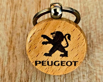 Llavero PEUGEOT con nombre personalizado en madera grabada, grabado a doble cara, regalo de cumpleaños, moto, coche, gimnasio, fútbol, motero, equipo