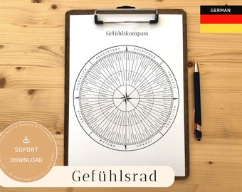 GEFÜHLSKOMPASS | DEUTSCH Arbeitsblatt zum Ausmalen mit 104 Emotionen | Digitaler Download | Sofort Herunterladen