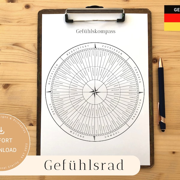 GEFÜHLSRAD "Kompass" Arbeitsblatt zum Ausmalen mit 104 Emotionen | Digitaler Download | Sofort Herunterladen