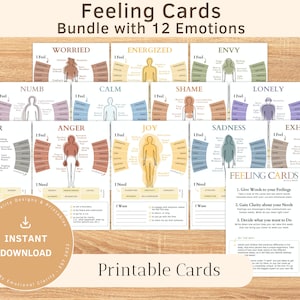 FEELING CARDS “BUNDLE” with 12 Cards for Emotional Regulation in Therapy, Coaching, School, Social Work, Counseling etc. | Instant Download