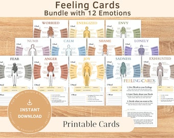 FEELING CARDS “BUNDLE” with 12 Cards for Emotional Regulation in Therapy, Coaching, School, Social Work, Counseling etc. | Instant Download