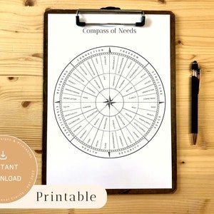 May include: A printable compass of needs worksheet with a black and white design. The compass is divided into 12 sections, each with a different need listed. The needs include connection, freedom, structure, peace, health, security, belonging, significance, rest, beauty, mindfulness, and acceptance.