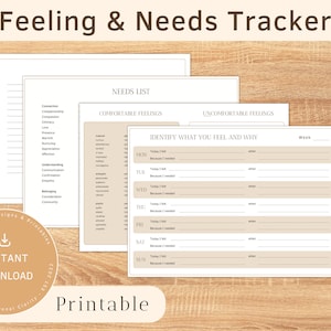 Puede incluir: Hoja de trabajo imprimible con fondo beige y texto negro. La hoja de trabajo se titula "Feeling & Needs Tracker" e incluye secciones para identificar sentimientos cómodos e incómodos, así como un registro semanal para realizar un seguimiento de los sentimientos y las necesidades.