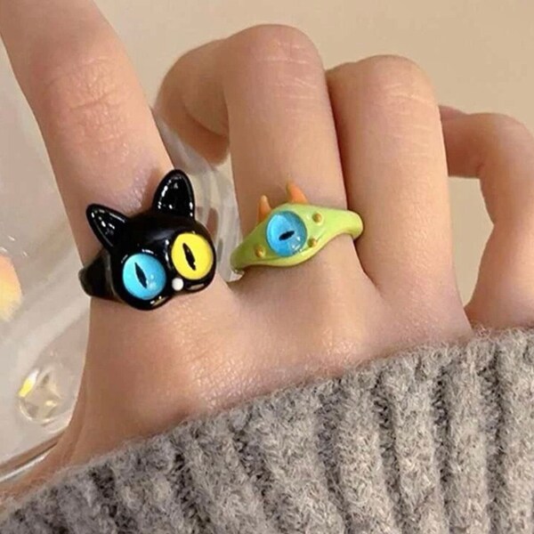 Anillo de gato / Anillo de monstruo cíclope / Anillo divertido / Juego de 2 anillos