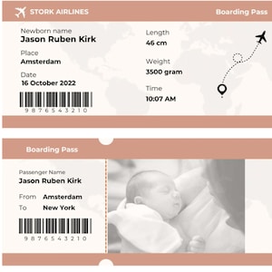 Boleto de anuncio de nacimiento, anuncios de nacimiento, viajes, anuncio de nacimiento personal, viajero mundial, niño, niña, bebé bienvenido, nacimiento