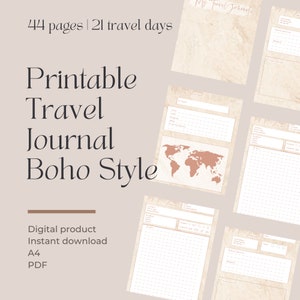 May include: Printable travel journal in boho style with a world map and text that says "44 pages | 21 travel days". The journal is a digital product, an instant download, A4 size, and in PDF format.