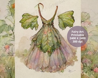 Forest Fairies Clothes watercolor clipart -Enchanted Faerie Kid&#39;s Room Decor, Printable Garden Party Dress - Shoes Art - digital download