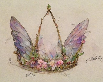 Fairy Crown Art, Wall Art Watercolor Digital Print - Enchanted Garden Party Invites - journal - Cottagecore instant download