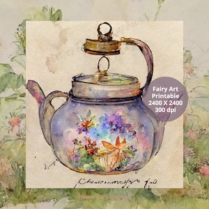 Feen Kunst Teekanne, Wandkunst Aquarell Digitaldruck, Fantasy Garten Tee Party Einladungen, Ephemera Journal, Blumen Feen Download