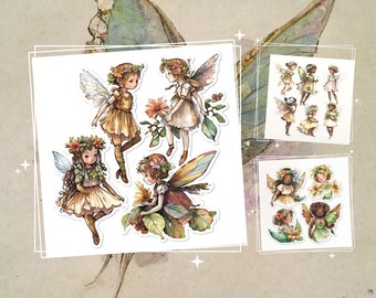 May include: A set of six colorful fairy stickers with wings, flowers, and leaves. The fairies are wearing floral crowns and have different colored hair and skin tones.