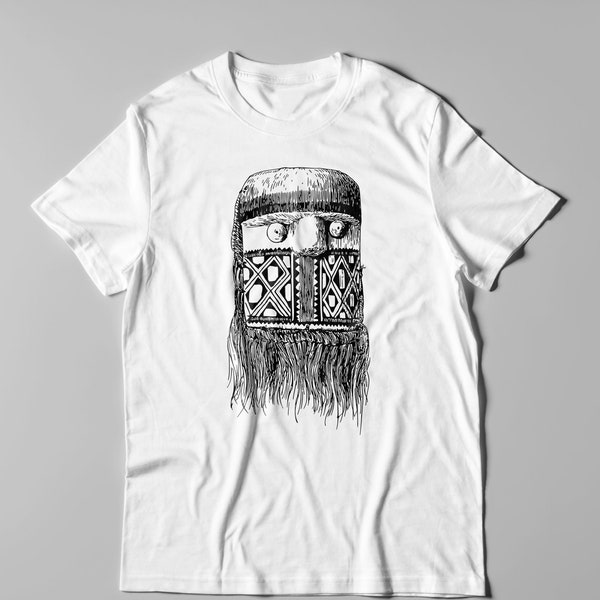 Ethnic Mask Sketch T-Shirt • Tribal Design Streetwear Tee • Gift for Cultural Enthusiasts & Ethnic and Funky Modern Art Lovers | Indigenous
