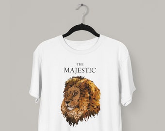 May include: White t-shirt with a geometric lion illustration and the text "THE MAJESTIC" printed on the front.
