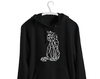 Geometrischer Katzen Hoodie • Katzenspirit Tier Sweatshirt • Geschenk für Katzenmamas und Katzenväter • Pullover für Liebhaber der abstrakten Tierkunst • Katzensweatshirt