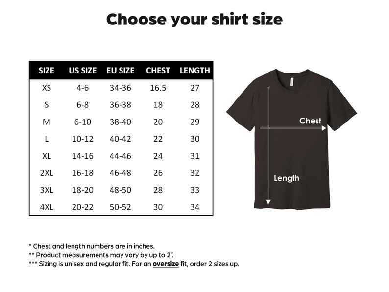 以下が含まれることがあります： インチで表示された米国、EU、胸囲、着丈のTシャツサイズを示す表。表はXSから4XLまでのサイズを示しています。胸囲と着丈の測定値がマークされた黒いTシャツが表示されています。