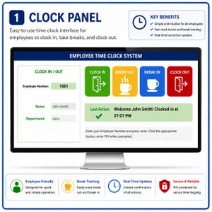 May include: A computer monitor displaying an employee time clock system interface with buttons for clock in, break out, break in, and clock out. The screen shows fields for employee number, name, and department, with a status message for John Smith.