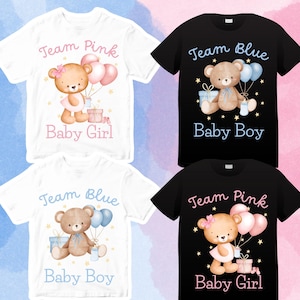 May include: Four t-shirts, two white and two black, with baby shower designs. Each shirt features a teddy bear holding balloons and gifts, with text that reads "Team Pink Baby Girl", "Team Blue Baby Boy".