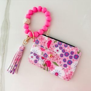 Floral Wristlet Wallet Keychain with Beaded Wrist Strap / birthday Gift for teen or woman / Silicon Bead Wristlet Wallet / stocking stuffer