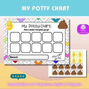 Könnte beinhalten: Ein druckbarer Töpfchentrainingsplan mit einem farbenfrohen Design. Der Plan hat 12 Felder für Sticker und einen Platz für eine Belohnung. Der Text "My Potty Chart" und "Place a sticker everytime you go!" befindet sich oben auf dem Plan. Der Text "you can do it!" befindet sich unten auf dem Plan.