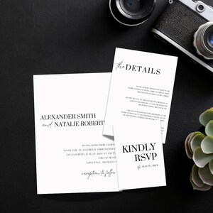 May include: Wedding invitation with black text on white cardstock. The invitation reads "Alexander Smith and Natalie Robert" and includes the wedding date, time, and location. The RSVP card reads "Kindly RSVP by May 15, 2024".