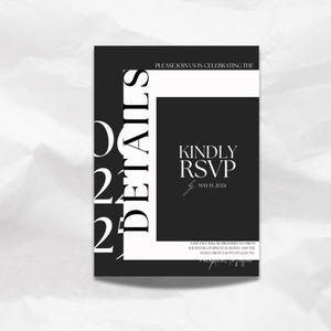 May include: Black and white invitation card with the text "DETAILS" in bold white letters and "KINDLY RSVP MAY 15, 2024" in white letters on a black background.