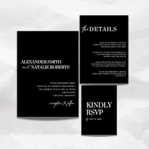 May include: Black and white wedding invitation with the names Alexander Smith and Natalie Roberts, the date June 22, 2024, and the location Abulae Hotel, Saint Paul, Minnesota. The invitation also includes the details of the wedding ceremony and reception, and a RSVP deadline of May 15, 2024.