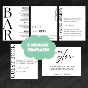 May include: Five printable wedding signage templates with black text on a white background. The templates include a bar menu, a guest book sign, a thank you sign, an in loving memory sign, and a glow stick sign. The text on the glow stick sign reads "Love Glow Grab a glowstick & help us light up the dance floor!"