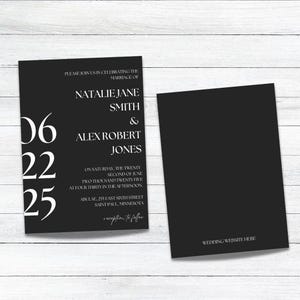 May include: Black and white wedding invitation with the date June 22, 2025, and the names Natalie Jane Smith and Alex Robert Jones. The invitation includes the wedding ceremony details and the wedding website.