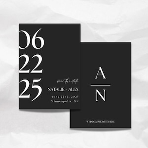 Plantilla editable para guardar la fecha de boda, en blanco y negro, moderna, minimalista, sencilla, clásica, invitación