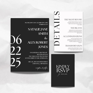 Szablon zaproszenia ślubnego do personalizacji, zaproszenie, strona ze szczegółami, karta RSVP, czarno-biała, nowoczesna, minimalistyczna, 3-częściowa, do układania w stosy