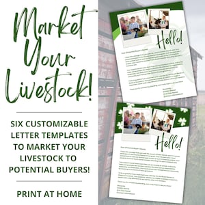 ¡Comercialice su ganado! - Seis plantillas de cartas personalizables para compradores potenciales - Plantilla Canva